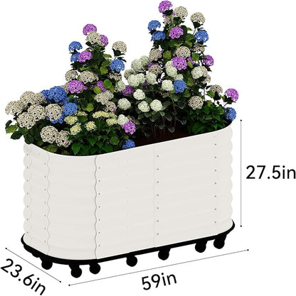 GarveeHome Self-Watering Wheeled Metal Garden Bed – Mobile Raised Planter Box with Water, Galvanized Steel Indoor/Outdoor Rolling Grow Station for Herbs, Veggies & Decor （59 in x23.6 in x27.5,White