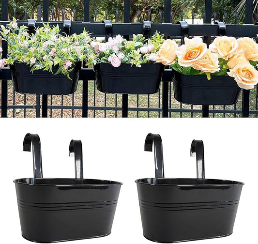 12" Balcony Railing Planters, Outdoor Hanging Planter for Fence, Stylish Metal Porch Deck Flower Pot for Herbs & Succulents (Black, Pack of 2)