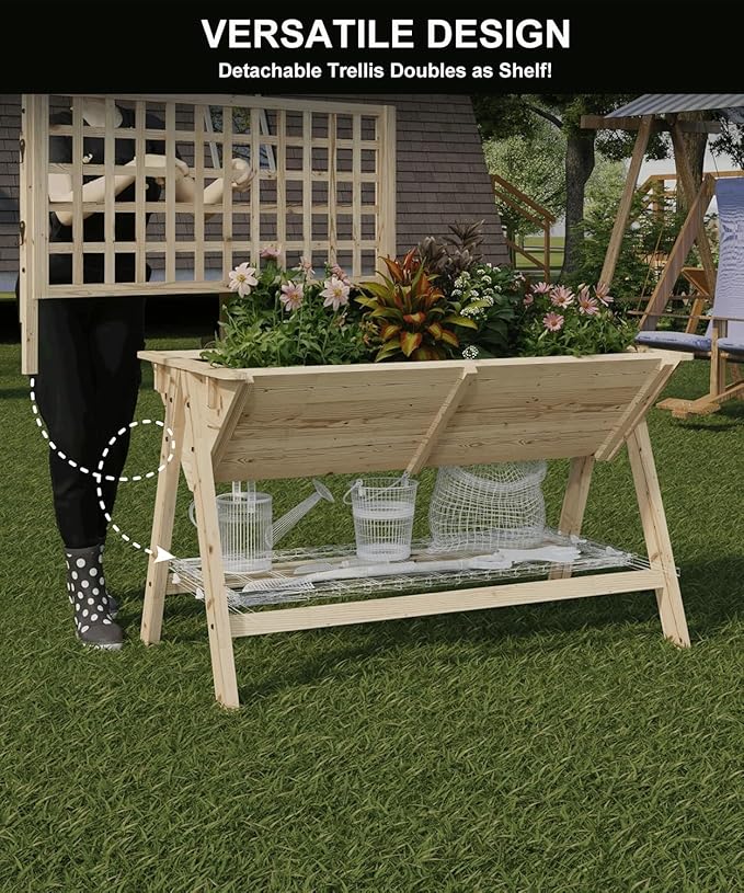 GarveeLife 52x30x54 Inch Tall Elevated Garden Bed with Legs, Standing Raised Planter Box with Climbing Trellis for Vegetables Flowers Herbs, Outdoor Wooden Standing Garden Bed-Natural