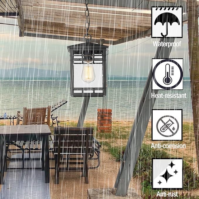Treekee Outdoor Pendant Lighting, Hanging Lantern with Adjustable Chain, Exterior Hanging Porch Light in Black Finish with Seeded Glass, Outside Pendant Lamp for Front , Entry, Patio, Gazebo