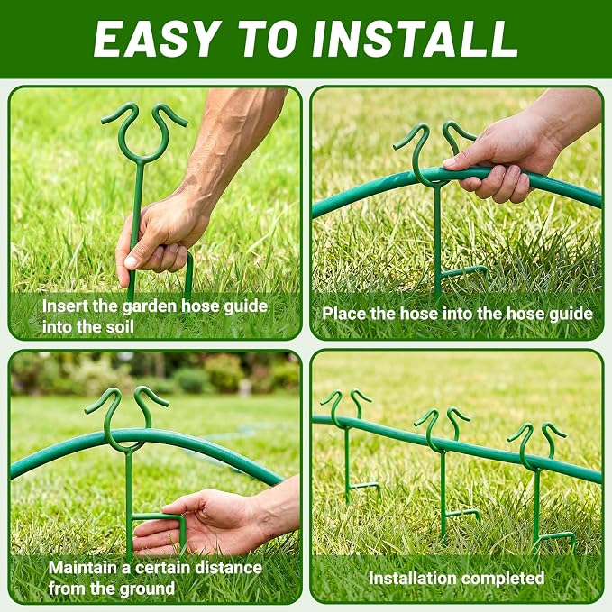 4 Pack Garden Hose Guide Stakes, 14 inch Metal Hose Guides for Garden Heavy Duty Rustproof Coated Spike Keeps Water Hose Out of Flower Beds Outside Lawn & Yard Plant Protection (Green)