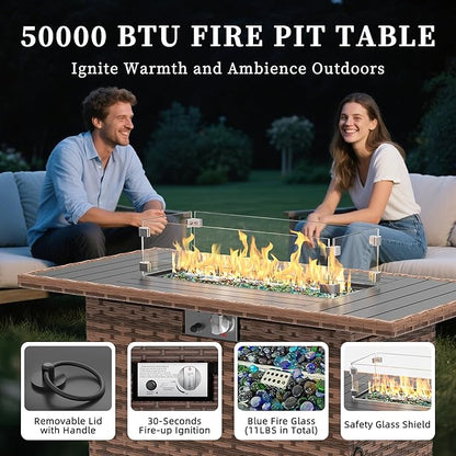 UDPATIO Patio Furniture Set with Fire Pit Table and Swivel Rocking Chairs, 5 Pieces Outdoor Wicker Furniture Set with Waterproof Cover, 4'' Thickened Cushion, Khaki