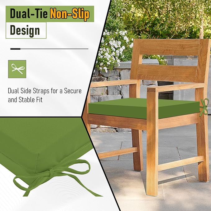 Basic Beyond Outdoor Chair Cushions Set of 2, Square Corner Outdoor Cushions for Patio Furniture, Water Resistant Patio Chair Cushions with 2 Ties, 18.5x16x3, Grass Green