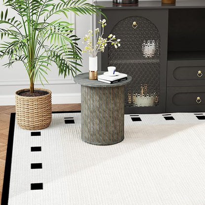 Round Fluted End Table - Small Accent Pedestal Side Table, Circle Fluted Wood Nightstands Bedside Table for Living Room, Bedroom, Handcrafted Finish, Grey