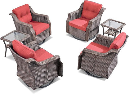 Patio Wicker Chairs Swivel Rocker-Outdoor Swivel Rocker Chair Set of 4 with All Weather Wicker Glider Rocker Set, PE Rattan Swivel Rocking Chair with 2 Side Table for Balcony Deck Porch Brown/Red