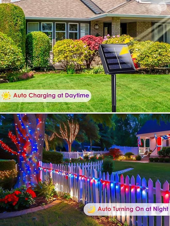 4pk Solar Christmas Lights Outdoor, Red White and Blue Solar String Lights, 400LED 132FT LED 4th of July Light Waterproof, Solar Fairy Twinkle Light for Xmas Tree Independence Day Party Decorations