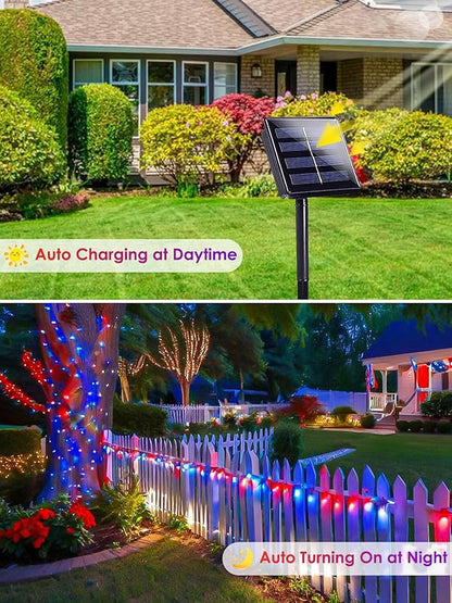 4pk Solar Christmas Lights Outdoor, Red White and Blue Solar String Lights, 400LED 132FT LED 4th of July Light Waterproof, Solar Fairy Twinkle Light for Xmas Tree Independence Day Party Decorations