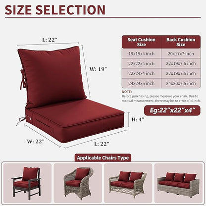 Premium Outdoor Seat Cushion Chair Cushions for Patio Furniture 22 L X 22 W X 4 H Waterproof & Fade Resistant Deep Seat and Backrest Cushion Set with Removable Covers for Chair, Sofa