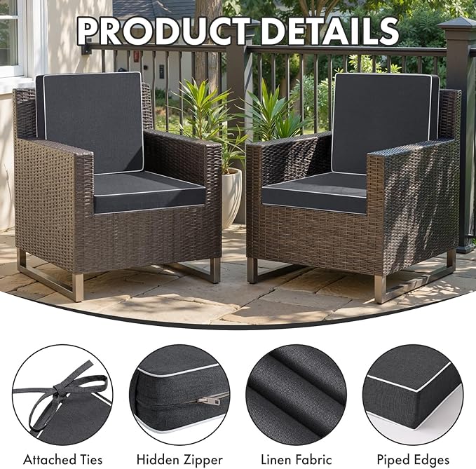 MIULEE Grey Outdoor Chair Cushions Set of 4, 19x19x3 Inch Waterproof Patio Seat Cushions for Outdoor Furniture Couch Sofa, 3 Year Color Fastness High Density Foam with Adjustable Ties