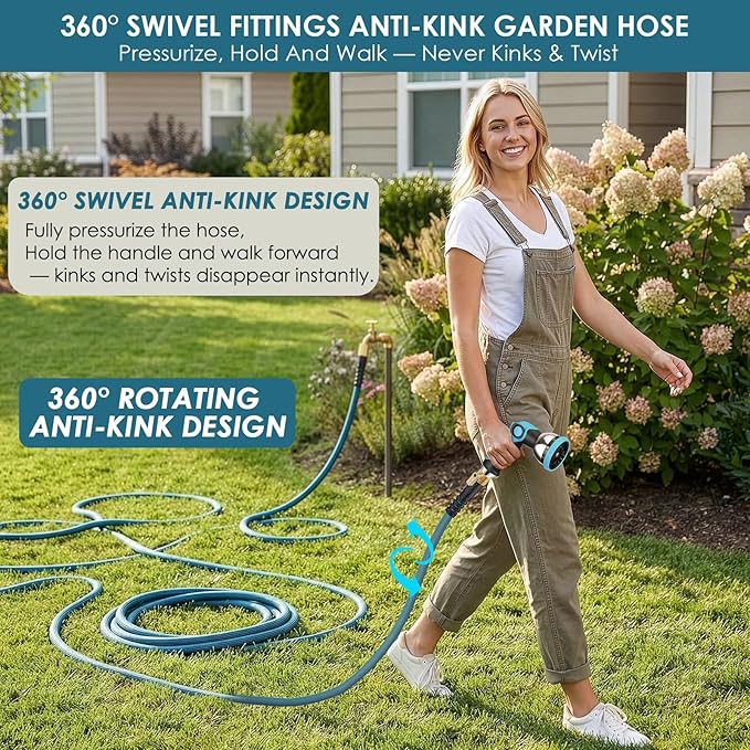 FlexiSolve Garden Hose 25 ft, Non-Expandable Lightweight Water Hose, 360° Swivel Anti-Kink Fittings, 10-Pattern Spray Nozzle & Shut-Off Valve, Flexible Water Hose for Yard, Lawn, Car Wash, Blue