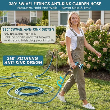 FlexiSolve Garden Hose 25 ft, Non-Expandable Lightweight Water Hose, 360° Swivel Anti-Kink Fittings, 10-Pattern Spray Nozzle & Shut-Off Valve, Flexible Water Hose for Yard, Lawn, Car Wash, Blue
