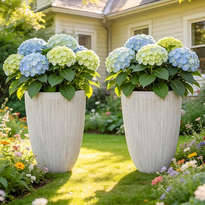 19" Tall Beige Fluted Planters for Indoor & Outdoor, Set of 2 Large Mediterranean-Style Resin Flower Pots with Drainage Holes, UV & Weather Resistant for Patio Porch Home Office Decor