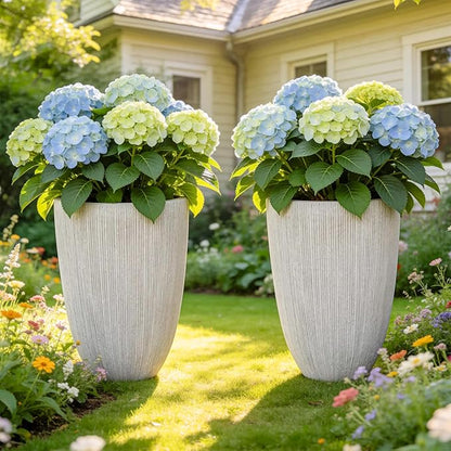 19" Tall Beige Fluted Planters for Indoor & Outdoor, Set of 2 Large Mediterranean-Style Resin Flower Pots with Drainage Holes, UV & Weather Resistant for Patio Porch Home Office Decor