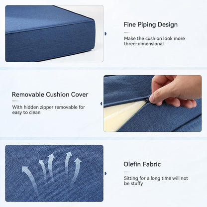 Luxury 6" Outdoor Cushions for Patio Furniture, 24x24x6" Thick Seat Cushion Set of 6, Fade Resistant Couch Chair Replacement Cushions High Density Deep Wicker Chair Cushion w/ Removable Cover, Blue