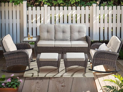 HUMMUH 6-Piece Outdoor Patio Furniture PE Wicker Patio Conversation Set,High Back Patio Couch with Ottomans Outdoor Rocking Chairs for Backyard,Porch,Deck