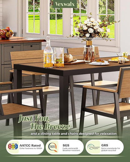 67" HDPS Outdoor Patio Dining Table, Aluminum-Edged Outdoor Dining Table with Umbrella Hole, Weather-Resistant for Lawn, Garden, Poolside and Indoor Use, Gray&Teak
