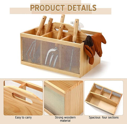 Teenyyou Garden Tool Organizer Wooden Garden Caddy with 4 Compartments and Handle Portable Gardening Tool Basket Nesting Box Practical Gardener Gift for Gardening Lovers