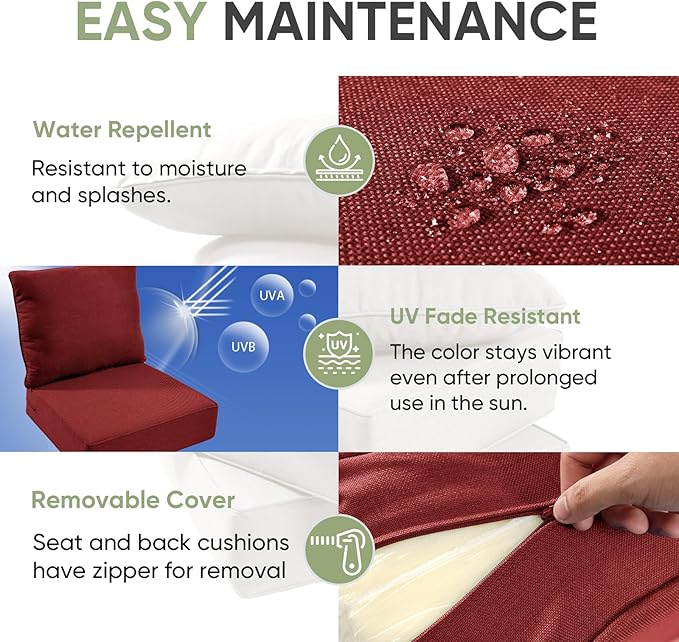 Outdoor Furniture Cushions, 6 inch Thick Seat Cushions for Outdoor Furniture, Waterproof 24x24 Patio Couch Cushions, Replacement Chair/Sofa Cushion, Include 4 Back & 4 Seat Cushion, Thick/Red