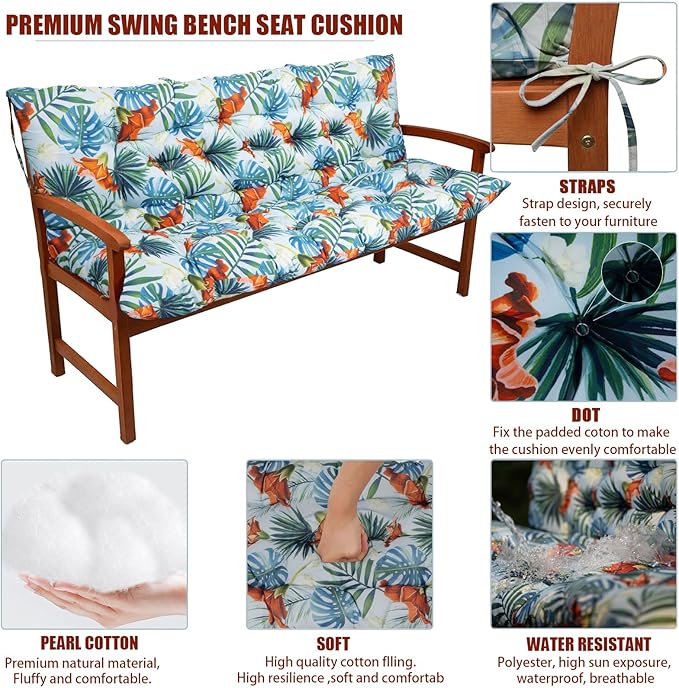 Swing Replacement Seat Cushions, 2-3 Seater Bench Cushions for Outdoor Furnitur with Backrest, Garden Recliner Seat Cushions Waterproof Sofa Pads (Flower Pattern, 71x40in)