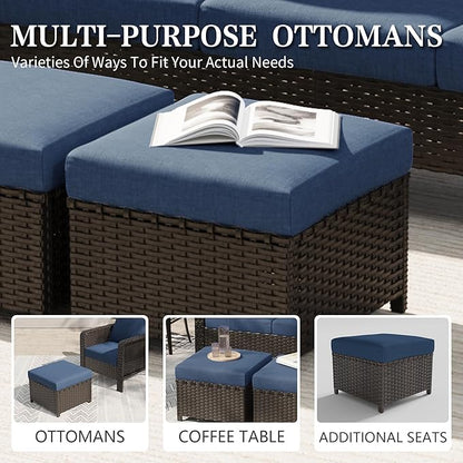 6 Piece Patio Furniture Set,Outdoor Conversation Set with Swivel Rocker Chairs, 3-Seat Sofa, Ottomans and Side Table, Modern Rattan Couch Set for Garden, Deck, Balcony, Navy Blue