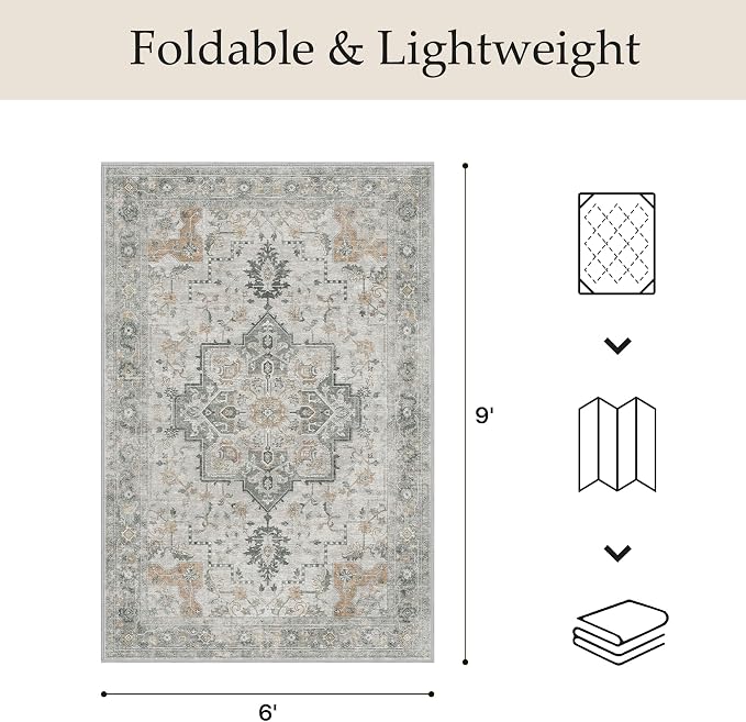 GENIMO Outdoor & Indoor Area Rug 6'x9', Waterproof, Non-Shedding, Easy Cleaning, Abstract Front Door Mat for Patio, Entryway, Porch, Living Room, Bedroom, Bathroom, Outside Carpet, Light Grey