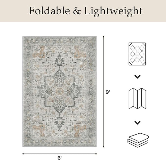 GENIMO Outdoor & Indoor Area Rug 6'x9', Waterproof, Non-Shedding, Easy Cleaning, Abstract Front Door Mat for Patio, Entryway, Porch, Living Room, Bedroom, Bathroom, Outside Carpet, Light Grey
