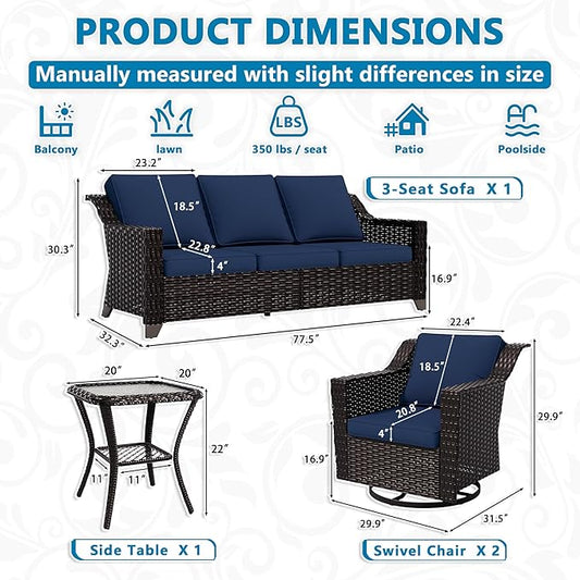 Vista Vibe 4 Pieces Outdoor Patio Conversation Furniture Set - 78" 3-Seat Sofa | 2 Swivel Glider Rocker Chairs | Wicker End Table, Rattan Loveseat, Upholstered Couch, Garden, Deck (Brown/Navy)