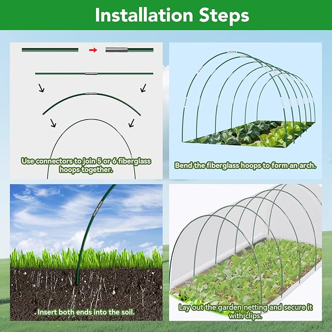 Garden Mesh Netting Kit for Raised Beds, 10x30FT Green Garden Netting ＆6 Sets Fiberglass Garden Hoops, Row Cover Garden Netting Pest Barrier Plant Protection for Vegetable Flowers Fruits