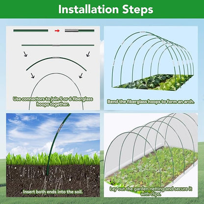 Garden Mesh Netting Kit for Raised Beds, 10x30FT Green Garden Netting ＆6 Sets Fiberglass Garden Hoops, Row Cover Garden Netting Pest Barrier Plant Protection for Vegetable Flowers Fruits
