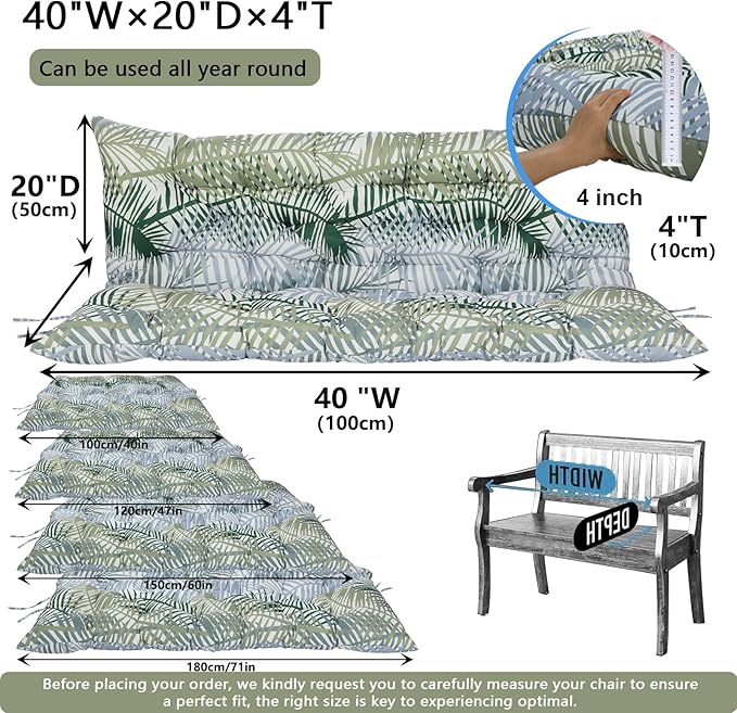 Outdoor Swing Cushions 3 Seater Waterproof, Replacement Bench Cushions for Outdoor Patio Furniture with Backrest, Porch Swing Cushion with Ties for Lawn and Garden (Bamboo Leaves, 40x40in)