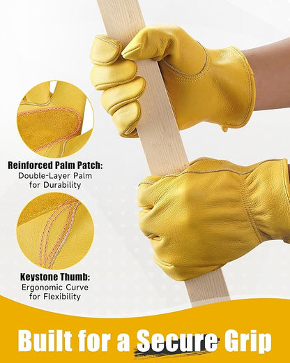 DULFINE Cowhide Leather Work Gloves for Men & Women, Reinforced Durable Gardening Gloves, Puncture & Cut Resistant
