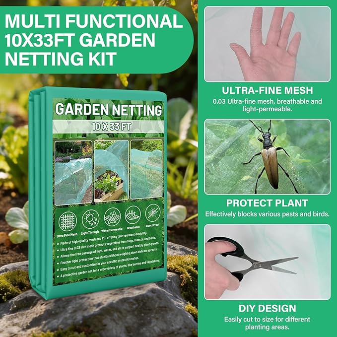 Garden Mesh Netting Kit for Raised Beds, 10x33FT Ultra Fine Mesh Netting& 6 Sets 8FT Fiberglass Garden Hoops, Insect Netting Row Cover, Pest Barrier Protection for Vegetable Fruits Flowers