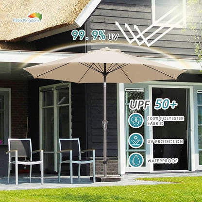 PatioKingdom 9FT Patio Outdoor Umbrella-UPF 50+ Sun Shade with Wind Vent, Push-Button Tilt & Smooth Crank Lift, Rust-Resistant Fiberglass Frame for Garden, Backyard,Yard (Beige, 9FT)