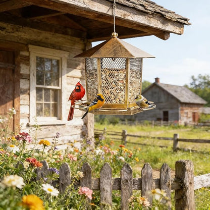 Hexagonal Gazebo Bird Feeders, Metal Hanging Wild Finch Bird Feeder, Outdoor Weatherproof Birdfeeder for Garden Patio Backyard Lawn Decor