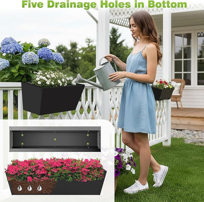 2PC Railing Planter for Outdoor Plants 36 Inch Metal Hanging Planters Pots with Adjustable Brackets and Drainage Railing Planter Boxes Hanging Flower Pots for Balcony Deck Railings Apartment Patio Dec