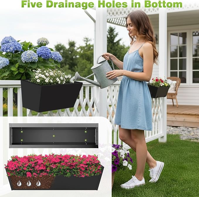 Railing Planter for Outdoor Plants 36 Inch Metal Hanging Planters Pots with Adjustable Brackets and Drainage Railing Planter Boxes Hanging Flower Pots for Balcony Deck Railings Apartment Patio Decor