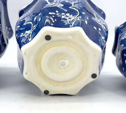Galt International White & Blue Crane Round Fluted Floral Porcelain Ceramic Plant Flower Planter Pot Set of 3 (7.5", 10", 13") Garden Pots Chinese Asian Design