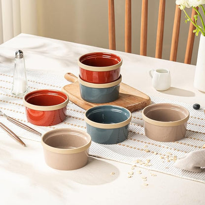 DAFUCERAMIC Ramekins 8 Oz Oven Safe, Ceramic Creme Brulee Souffle Dishes, Pudding Custard Cups Ramekin For Baking, Small Dipping Sauce Bowls, Set of 6, Microwave and Dishwasher Safe (Artisan Colors)