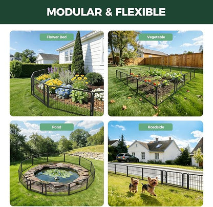 FXW Garden Fence Outdoor for the Yard – 17in(H) x 34.2ft(L) Heavy Duty Metal Animal Barrier for Dog, No Dig Decorative Dog Fence, 14 Panels, Black