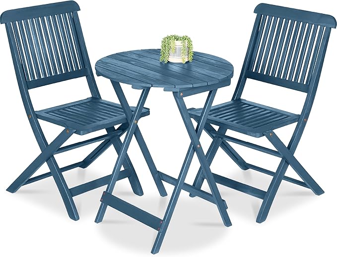Best Choice Products 3-Piece Acacia Wood Bistro Set, Folding Patio Furniture for Backyard, Balcony, Deck w/ 2 Chairs, Round Coffee Table, Teak Finish - Slate Blue