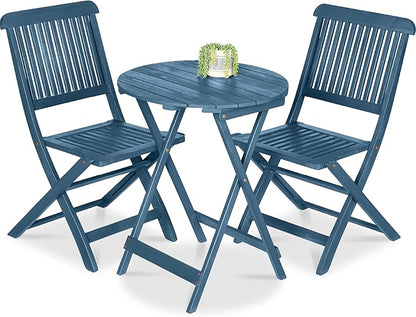 Best Choice Products 3-Piece Acacia Wood Bistro Set, Folding Patio Furniture for Backyard, Balcony, Deck w/ 2 Chairs, Round Coffee Table, Teak Finish - Slate Blue