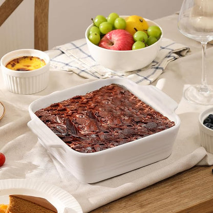 DOWAN 8x8 Baking dish, Square Baking Pan, Ceramic Casserole Dishes for Oven, Cake Pan with Handle, for Brownie, Lasagna, Casserole, 2 Quart, Home Gift, Bright White
