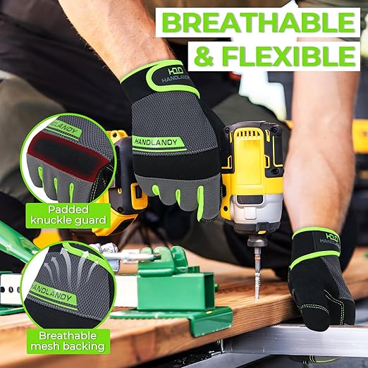 HANDLANDY Work Gloves Mens & Women, Utility Safety Mechanic Working Gloves Touch Screen, Flexible Breathable Yard Work Gloves (Medium, Green)