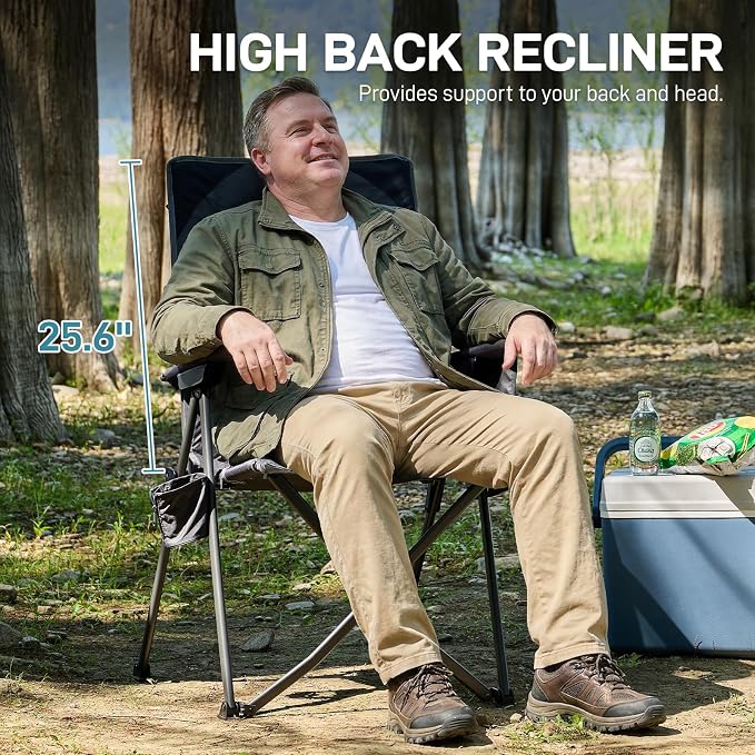 EVER ADVANCED Reclining Camping Chairs for Adult Lightweight, Folding Recliner Chair with Adjustable Back, 4-Level Lounge Chairs, Portable Lawn Chairs for Patio Balcony, Supports 350lbs Grey