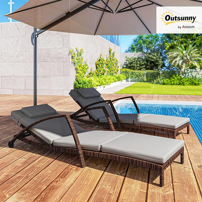 Outsunny Wicker Chaise Lounge Chair Outdoor Set of 2, 5-Position Adjustable Reclining Pool Lounge Chairs with Wheels, Rattan Outdoor Lounger with Cushion, Armrests for Poolside Beach Backyard, Gray