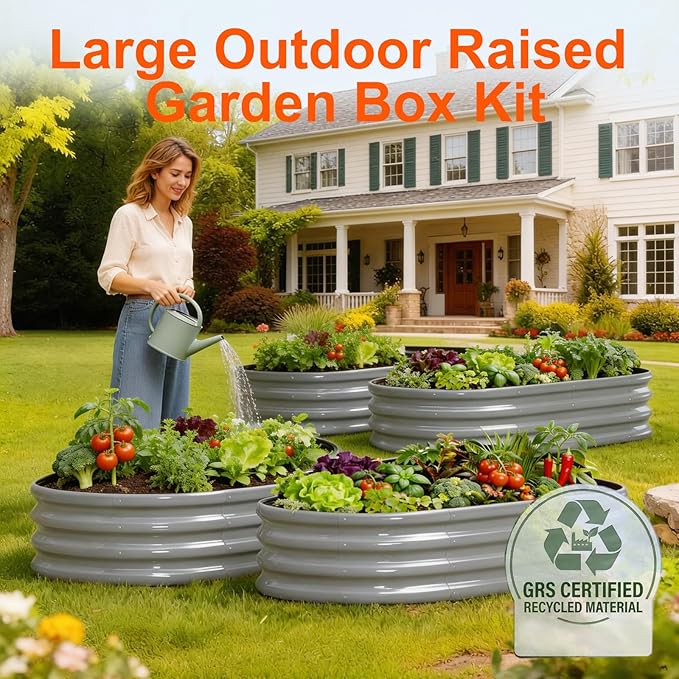 Raised Garden Bed Outdoor 2 Sets Oval Large Coating Metal Planter Box with No Heavy Metal for Vegetables, Flowers, Herbs