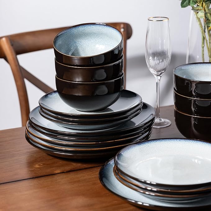 LeRatio Ceramic Dinnerware Sets for 6,Stoneware Plates and Bowls Sets,Handmade Reactive Glaze Dishes Set,Chip Resistant and Scratch Resistant | Oven&Dishwasher & Microwave Safe-Gray White(18PCS)