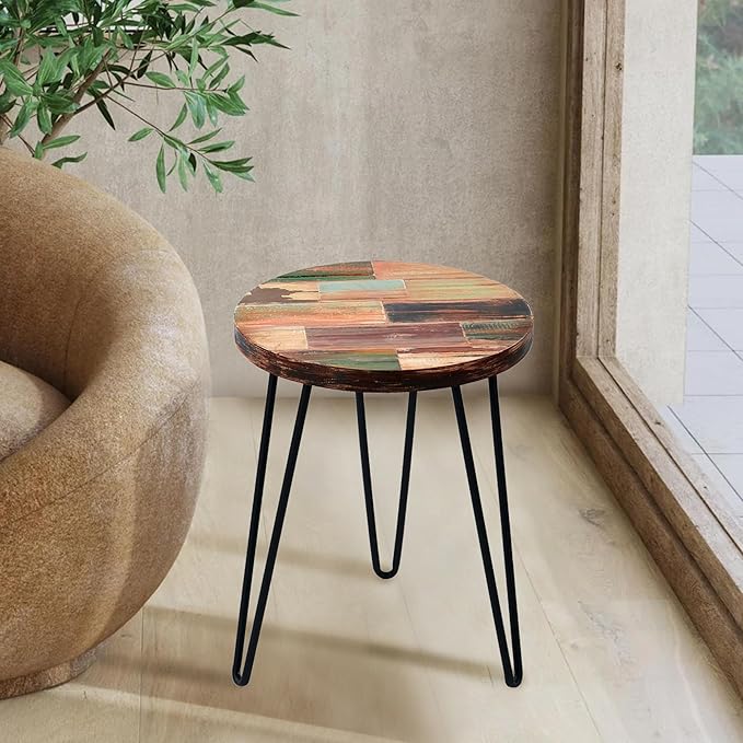 Reclaimed Wood Multi Color Side Table 17.5" x 17.5" x 20" H Wooden Accent Coffee Tables Round Vintage Rustic Plant Stand Outdoor Patio End Table Living Room Bedroom
