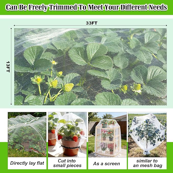 13'x32.8' Garden Netting for Strawberry Plants HDPE Fine Strawberry Bird Netting for Raised Bed Row Cover Screen Mesh Net for Fruit Tree Vegetable Flowers Large Area Garden Protection