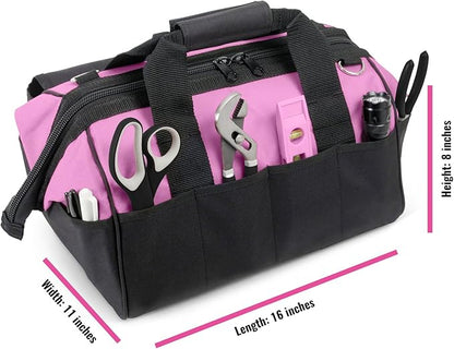 Pink Power Pink Tool Bag for Women -16" Tool Tote Bag w/ 22 Storage Pockets - Womens Small ToolBag Ladies ToolBox for Hand Tools, Power Kits & More - Womens Zipper Toolbag Caddy Organizer